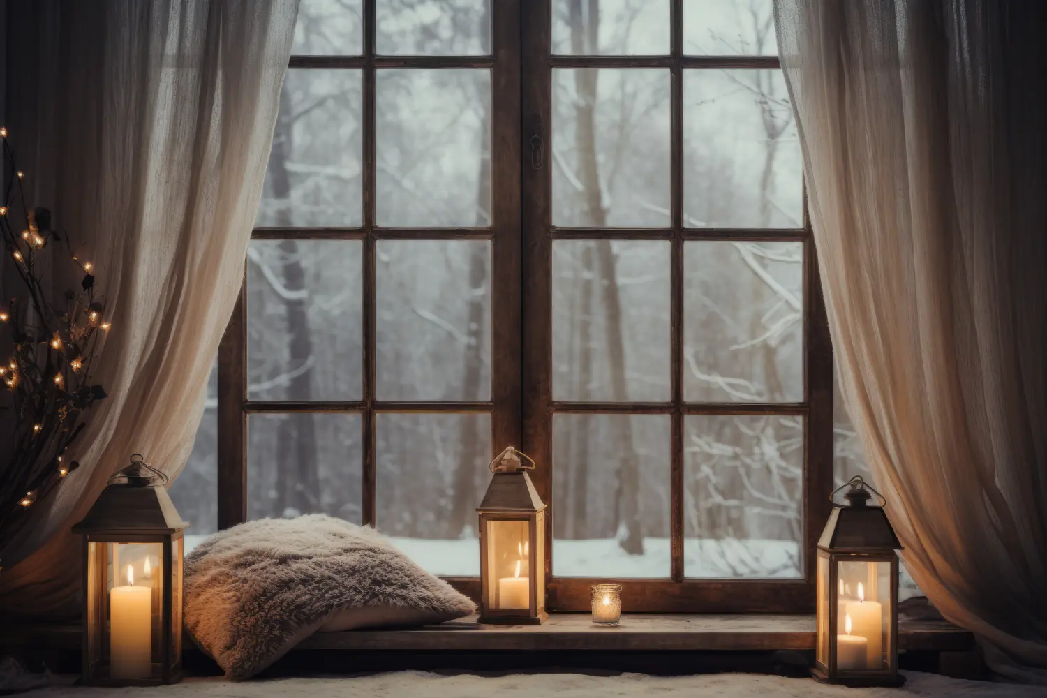 Gemütlicher Wohnraum mit Blick durch ein Low-E-Fenster auf eine Winterlandschaft