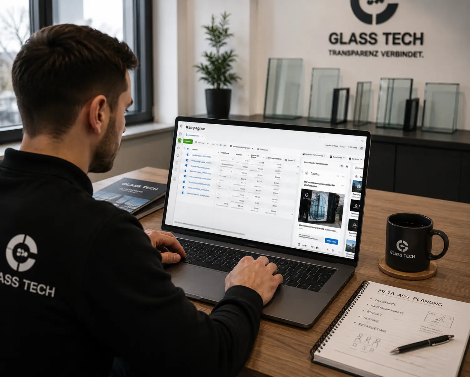 Glaser-Meister plant Social-Media-Beiträge auf seinem Tablet in der Werkstatt
